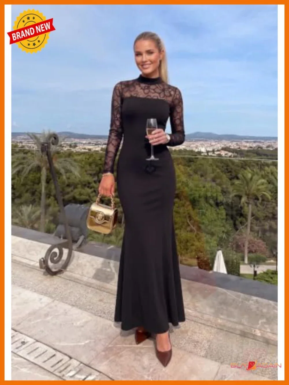 Lace Sheer Bodycon Maxi Dress Mock Neck Mermaid Semi Formal
